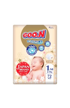 Подгузники GOO.N Premium Soft NB 1 для малышей до 5 кг, 72 шт, на липучках, унисекс, арт. F1010101-152