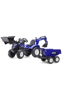 Детский трактор на педалях с прицепом, передним и задним ковшиком Falk 3090W NEW HOLLAND (цвет - синий)