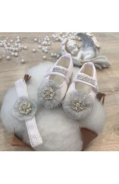ExclusiveBaby Набор BetiS Модель-3 Пинетки и повязка белый/серебро 10-12, арт. 19739
