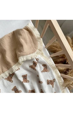 Плед муслін жатка Ведмедики Teddy/бежевий з бахромою, арт. 8783319