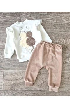 Утепленный комплект Happy Tot для девочки кофточка и штанишки молочный беж котики, арт. 82111