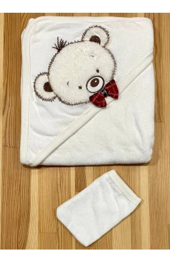 Махровое полотенце после купания для мальчика, молочный/мишка, Baby Shez, арт. 31002