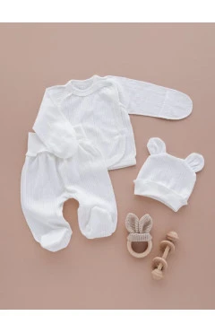 Комплект унісекс (розпашонка, повзунки, чепчик) ажур, молочний, Flamingo, арт. 12531