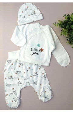 Комплект унісекс Happy Tot розпашонка, повзунки, чепчик білий, зірки, love you, рубчик, арт. 92856
