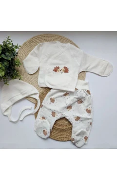 Комплект унисекс Happy Tot (распашонка, ползунки, чепчик) с начесом молочный ежики, арт. 928121