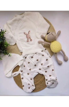 Комплект для девочки HAPPY TOT с начесом распашонка ползунки чепчик молочный сердечки зайка, арт. 928171