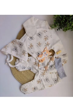 Комплект унисекс с начесом Happy Tot (распашонка, ползунки, чепчик), молочный, зверята коала, арт. 928193