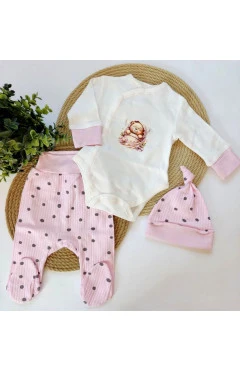 Комплект для дівчинки (боді, повзунки, чепчик), рожевий/горохи, Happy Tot, арт. 989012