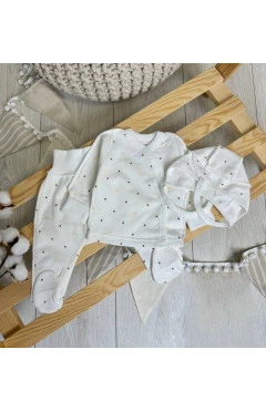 Комплект унісекс Ляля з начосом: розпашонка, повзунки, чепчик молочний горошок сердечка, арт. 602000