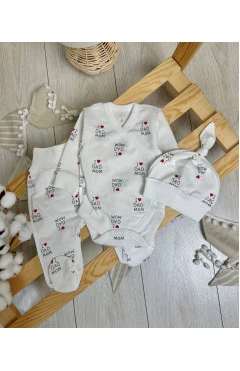 Комплект унісекс з начосом I love m&d (боді, повзунки, чепчик), молочний, арт. 123190