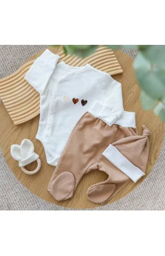 Комплект унисекс с начесом HAPPY TOT боди, ползунки, чепчик молочный/беж/сердца, арт. 972072