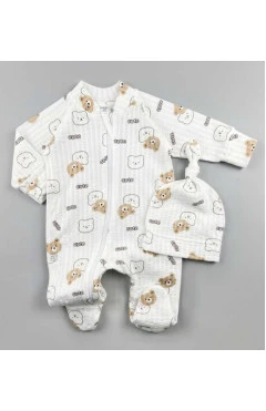 Ползунки с шапочкой унисекс (интерлок), молочный/мишутки, Mario kids, арт. 810910